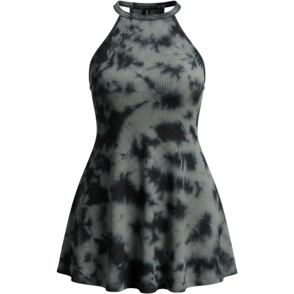 Arizona Jean Co Tie-Dye Ribbed Knit Halter Dress Grey Black Keyhole Swing S